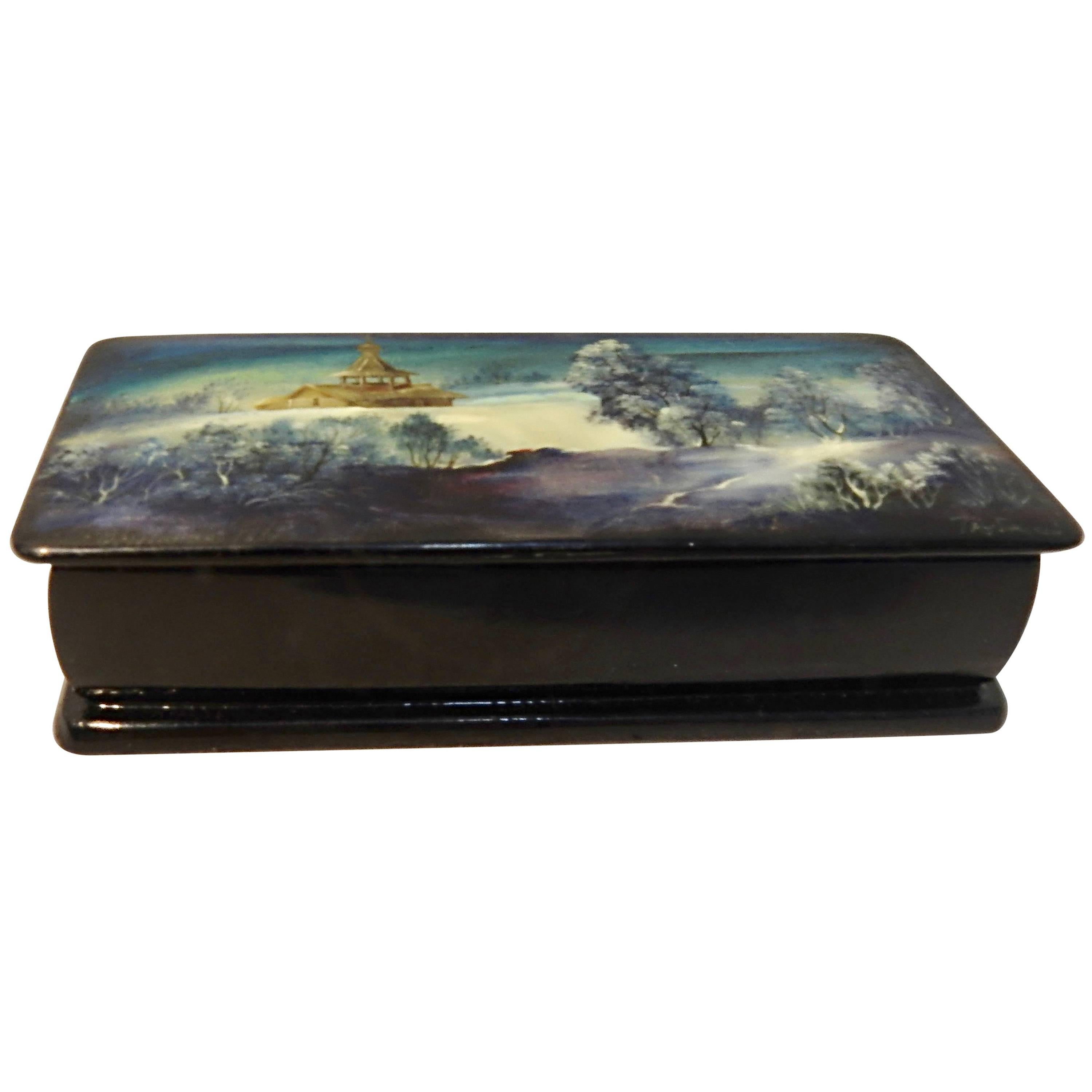 Hand-Painted Russian Lacquer Box with Mother of Pearl Snow Scene