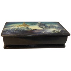 Vintage Hand-Painted Russian Lacquer Box with Mother of Pearl Snow Scene