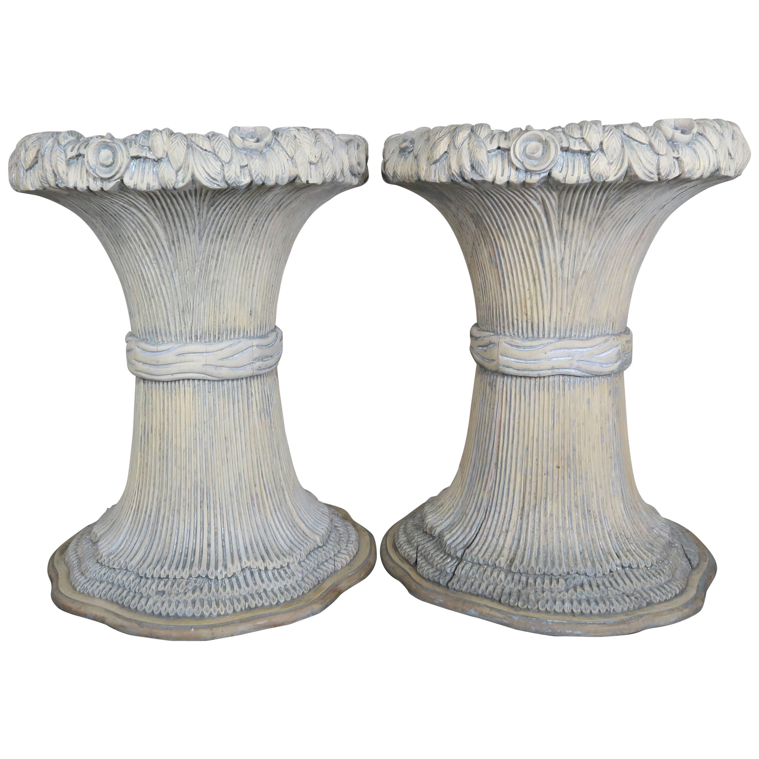 Carved Wood Harvest Wheat Planters, Pair