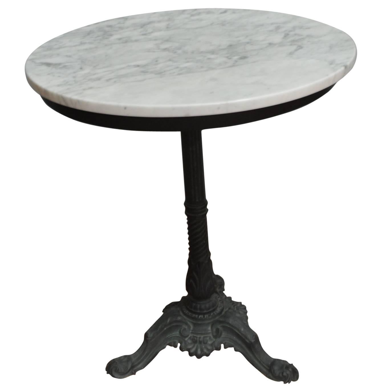 Black Wrought Iron Round French Bistro Table with a White Marble Top For Sale