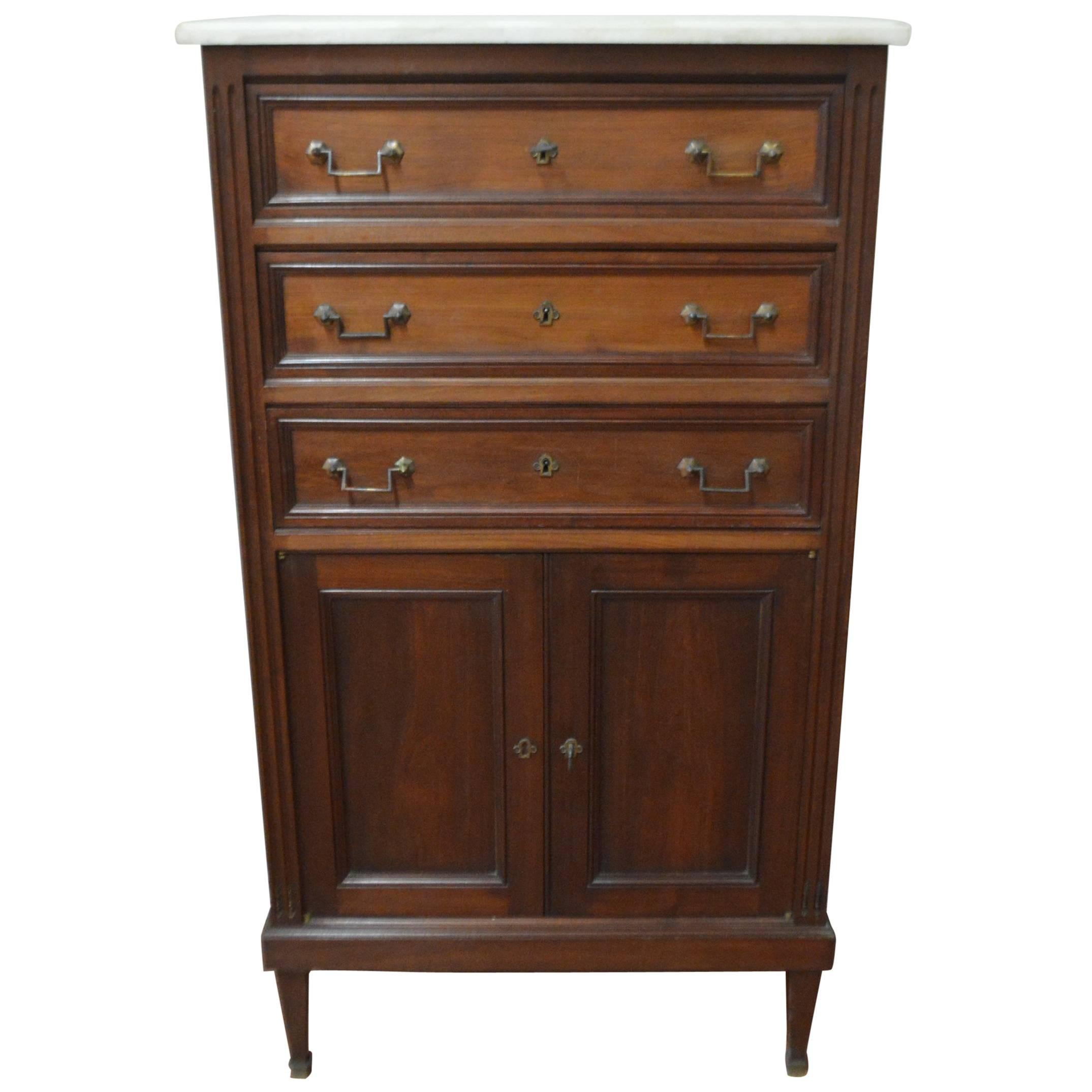 Louis XVI Style Mahogany Cabinet, Three Drawers Top and Two-Door Compartment