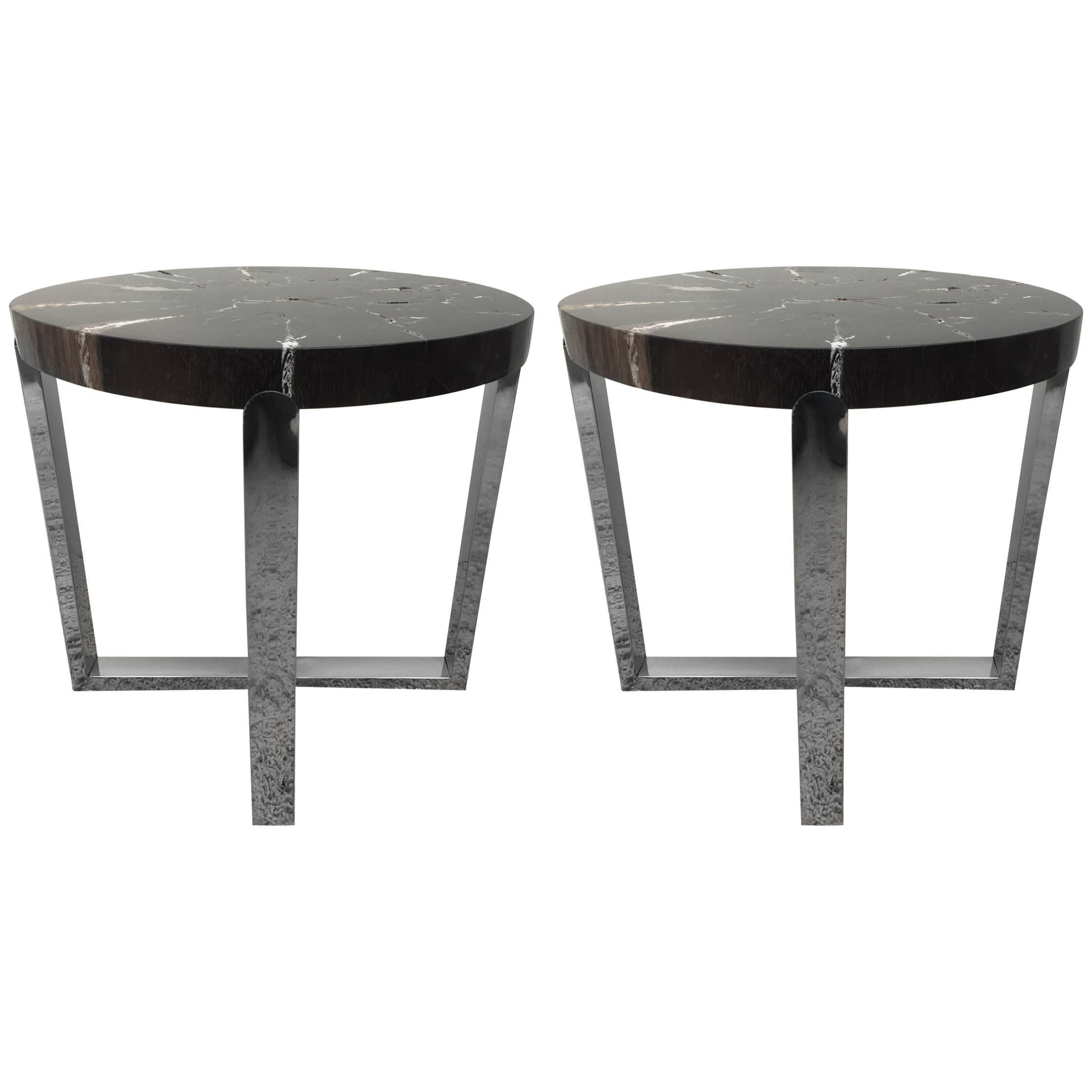 Pair of Petrified Wood Black & Crème Vein Top Chrome Handmade Petite Side Tables