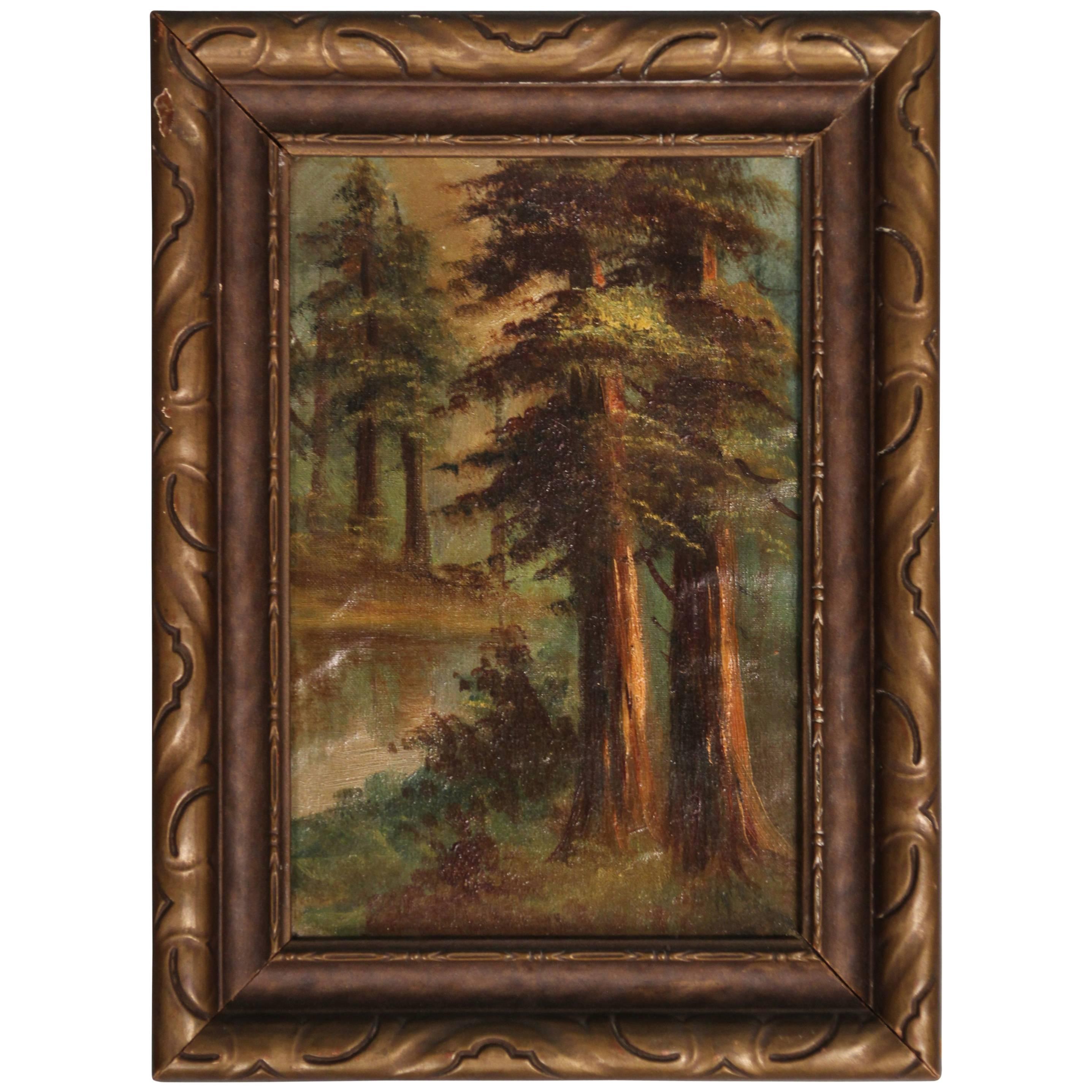 Antique 1920s Landscape of California Redwoods Forest Scene in Original Frame