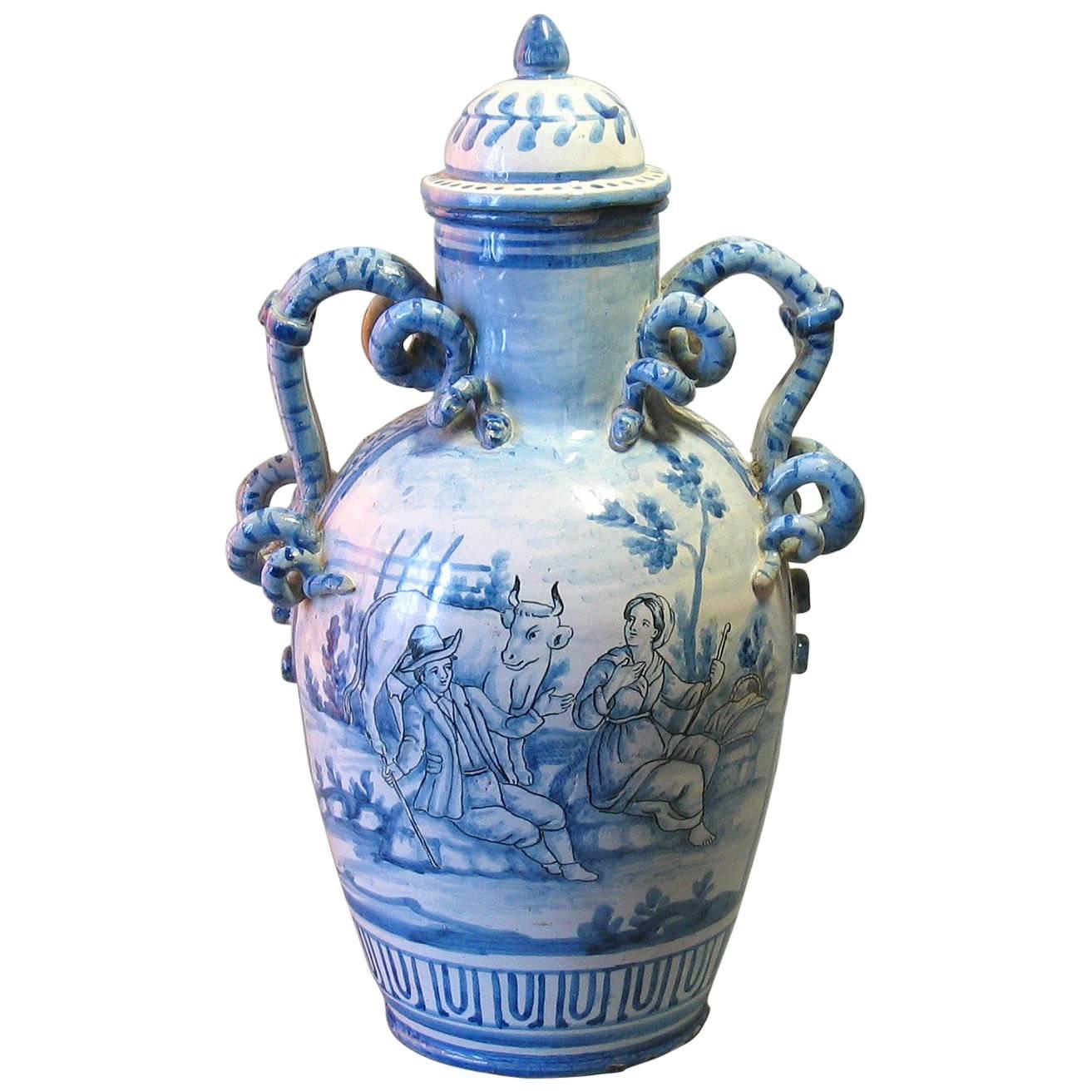 Large Italian Blue and White Majolica Covered Urn/Apothecary Jar Savona