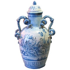 Antique Large Italian Blue and White Majolica Covered Urn/Apothecary Jar Savona