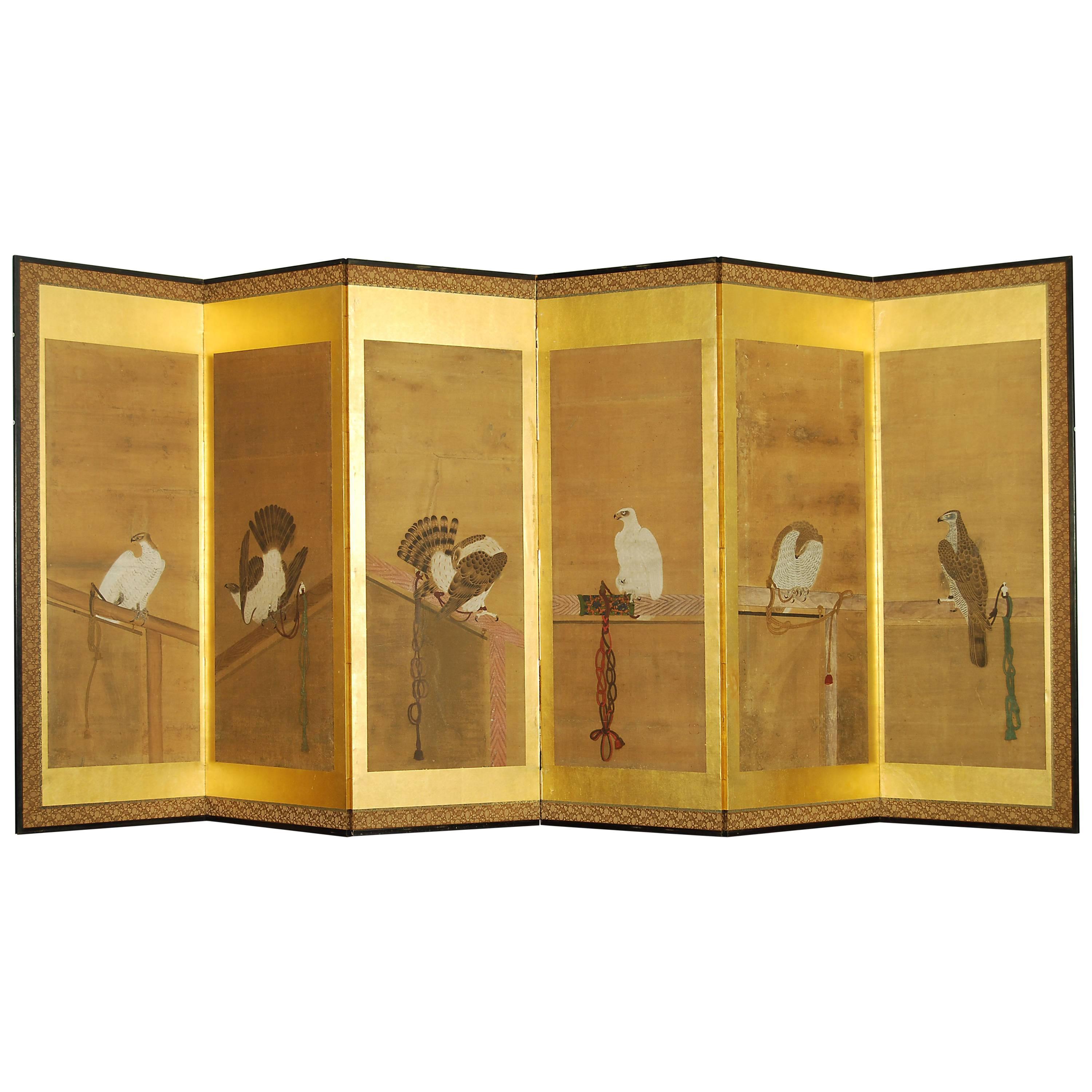 Antique Japanese Six-Panel Screen with Soga School Paintings of Hawks