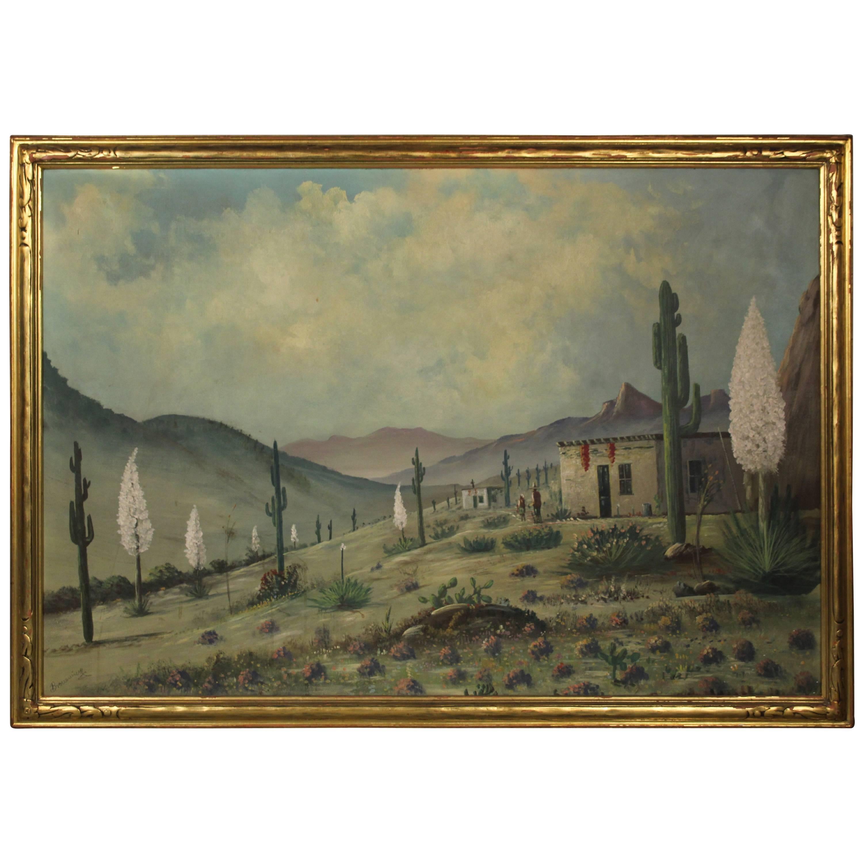 Rancho Monterey Style Large Scale Antique 1930s Oil Painting in Carved Frame