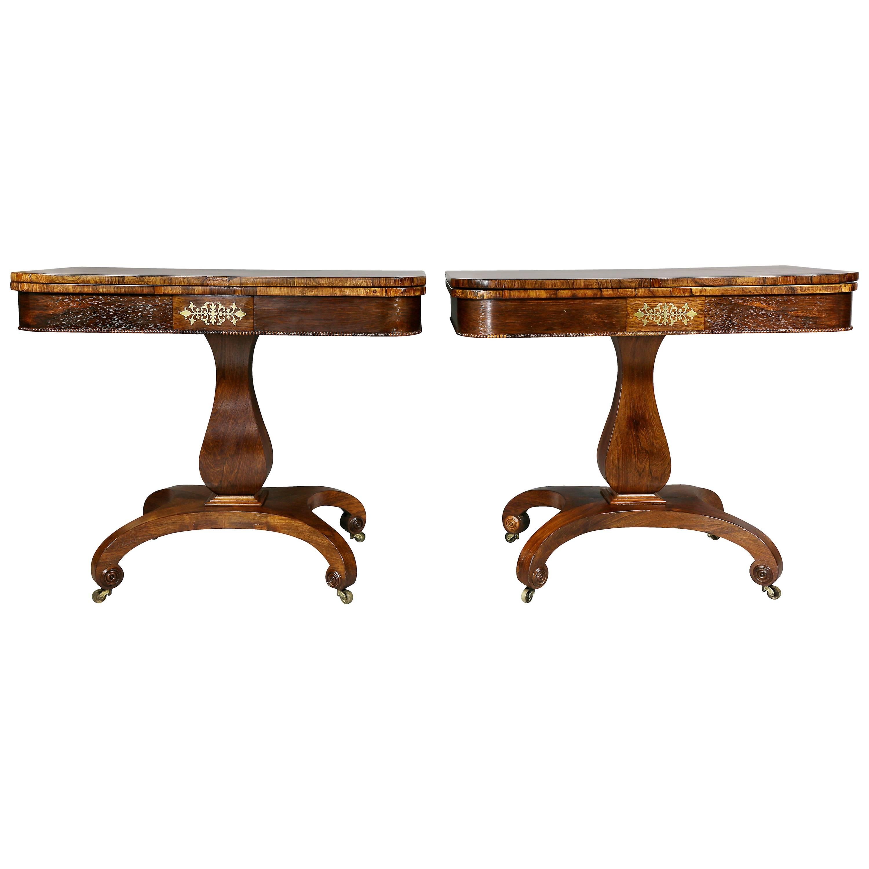 Pair of Late Regency Rosewood and Brass Inlaid Games Tables