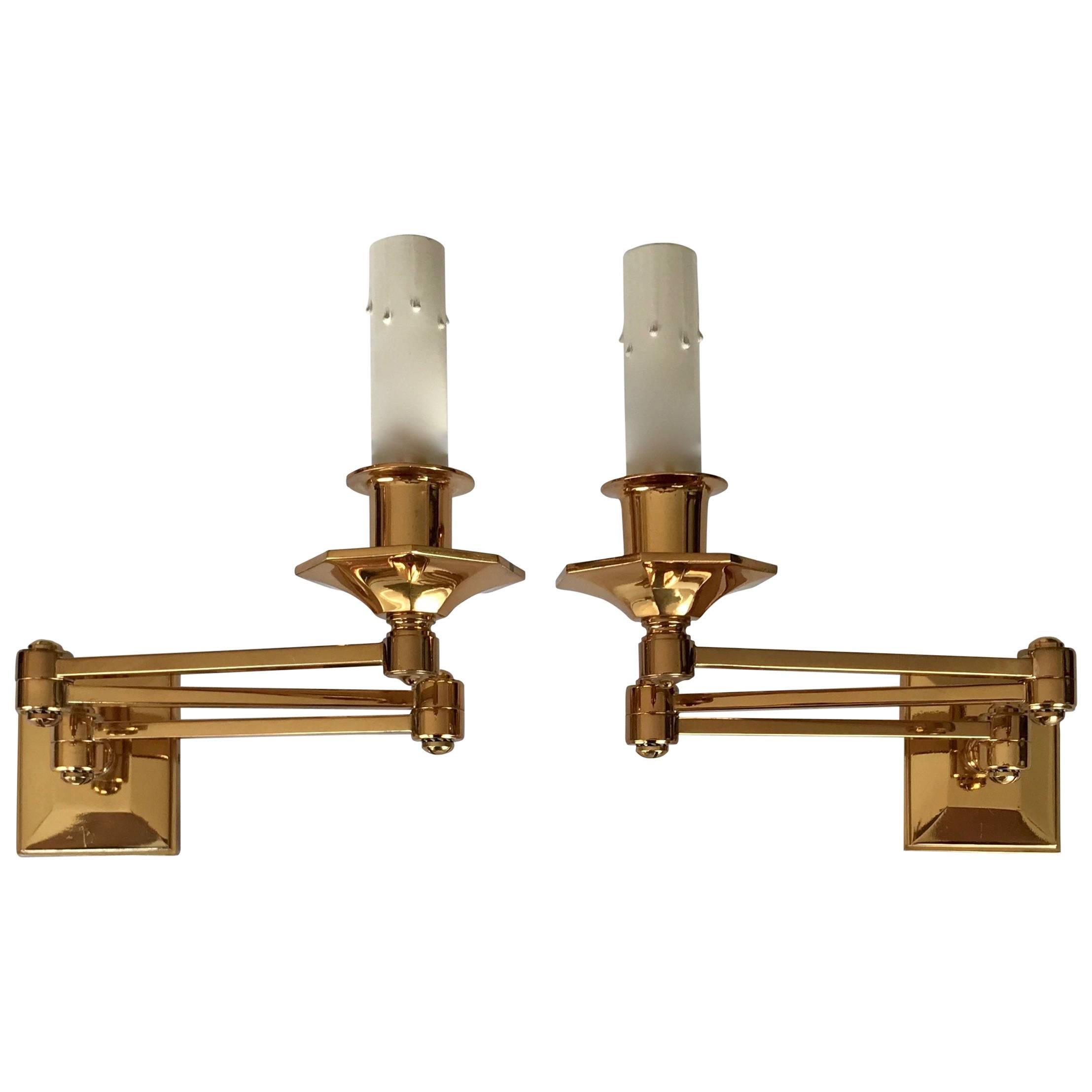 Pair of Gilt Brass Wall Mount Swing Arm Articulated Sconces