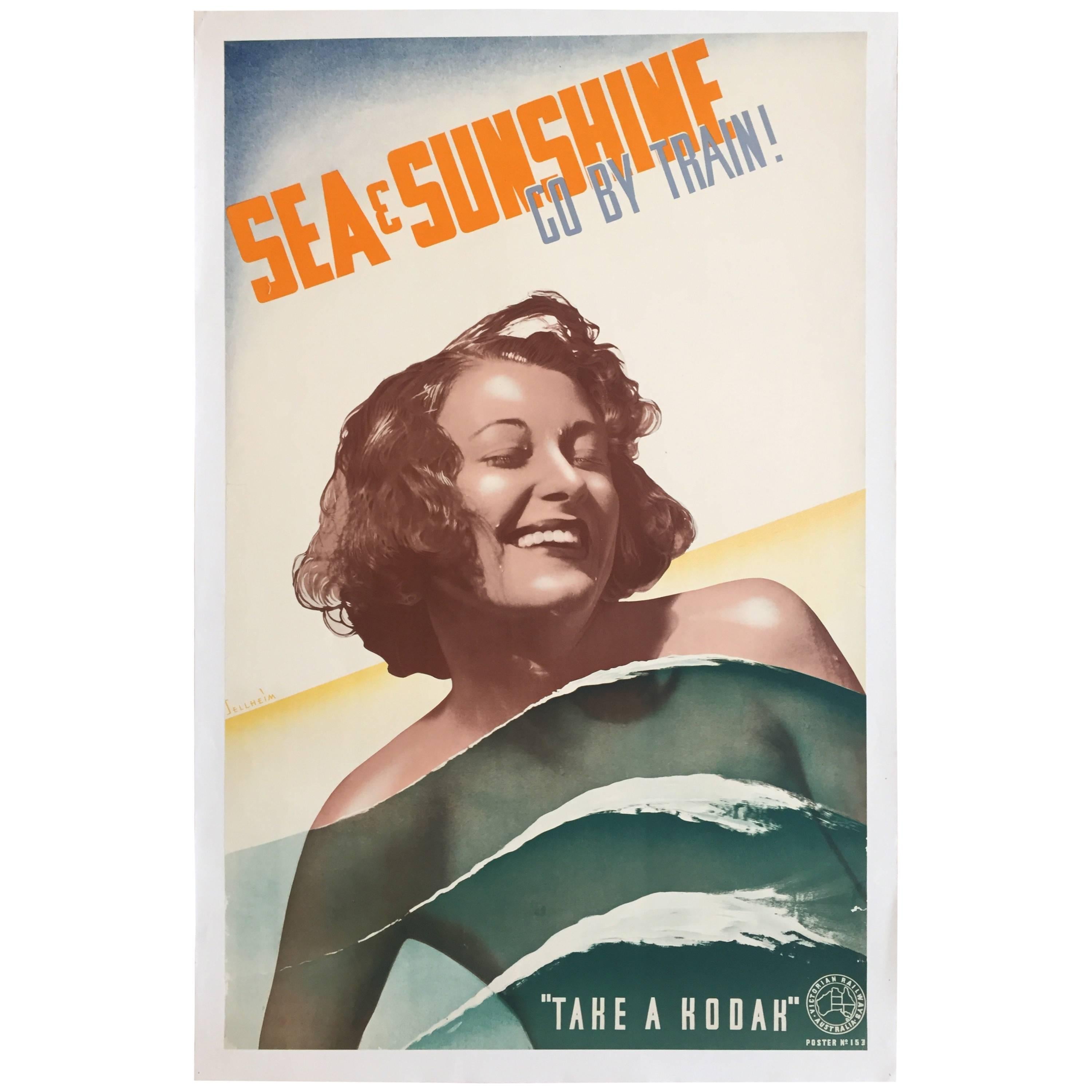 Original Vintage Poster Australia Sea & Sunshine 1930 Australian Woman Swimming