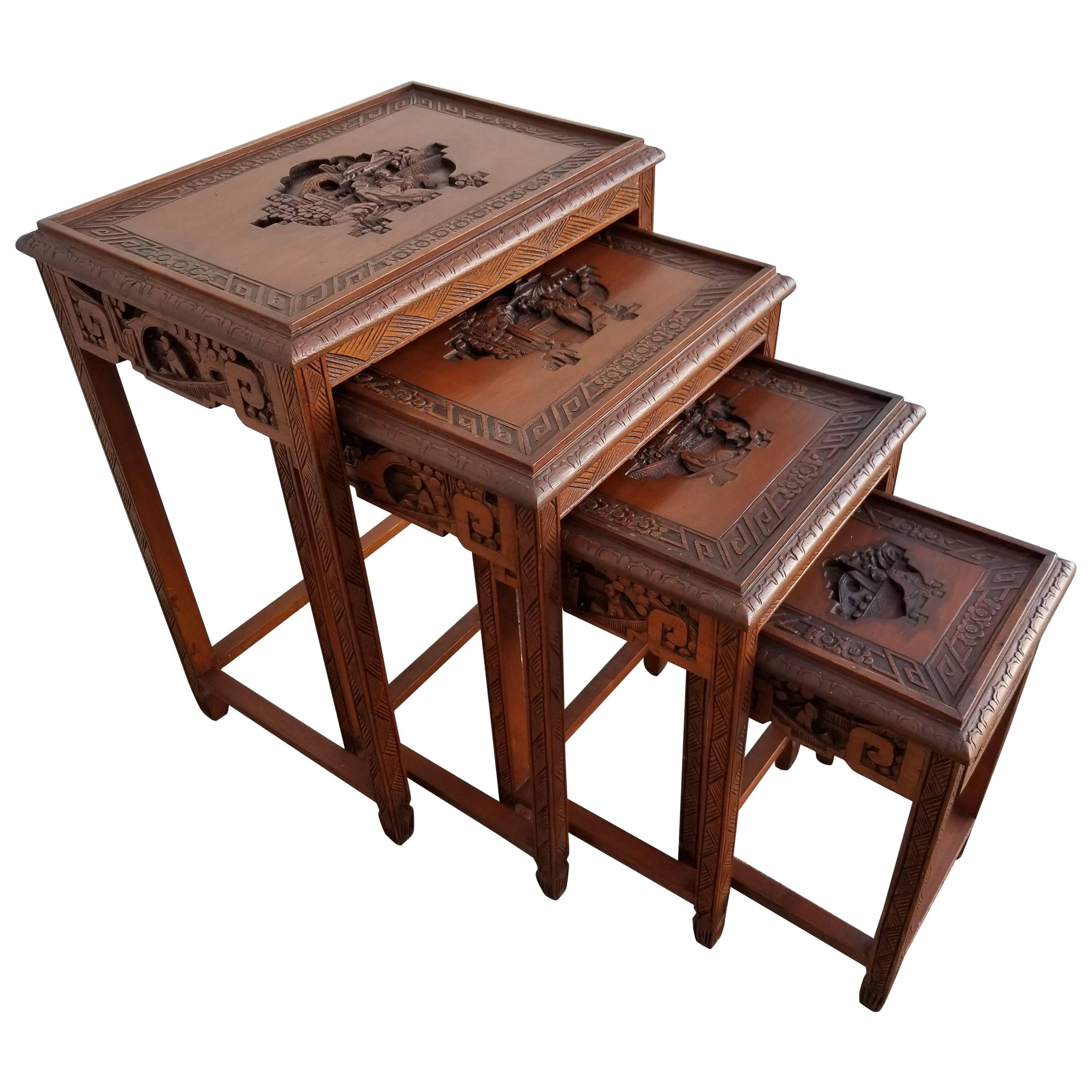 Carved Chinese Nesting Tables Set of Four For Sale