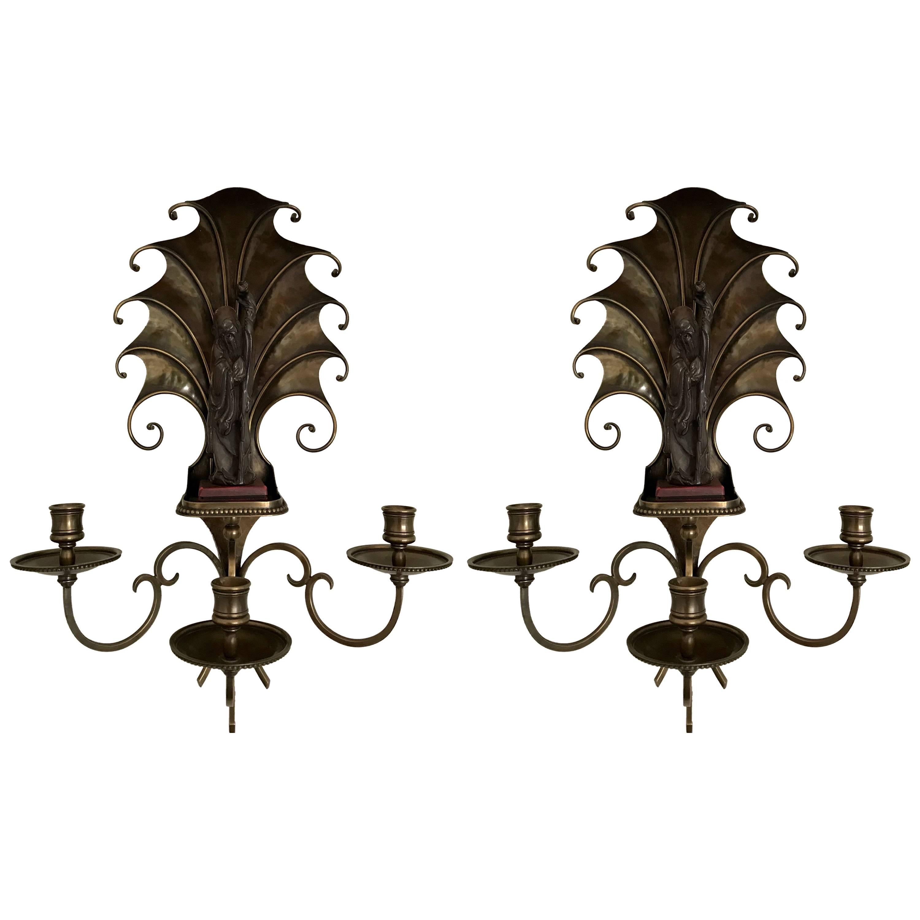 Pair of Shou Xing Bronze Art Deco Wall Sconces For Sale