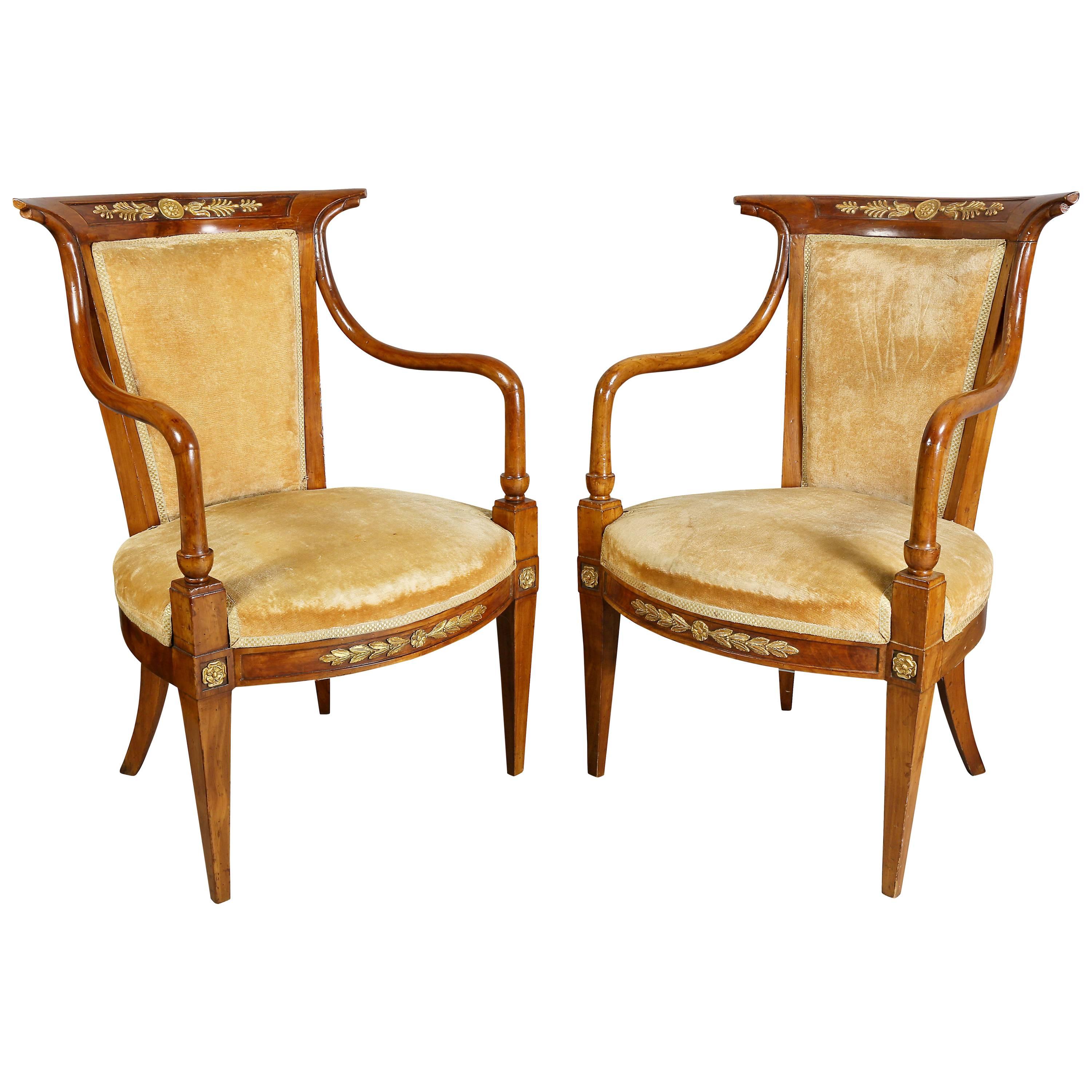 Pair of Italian Neoclassic Walnut and Giltwood Armchairs
