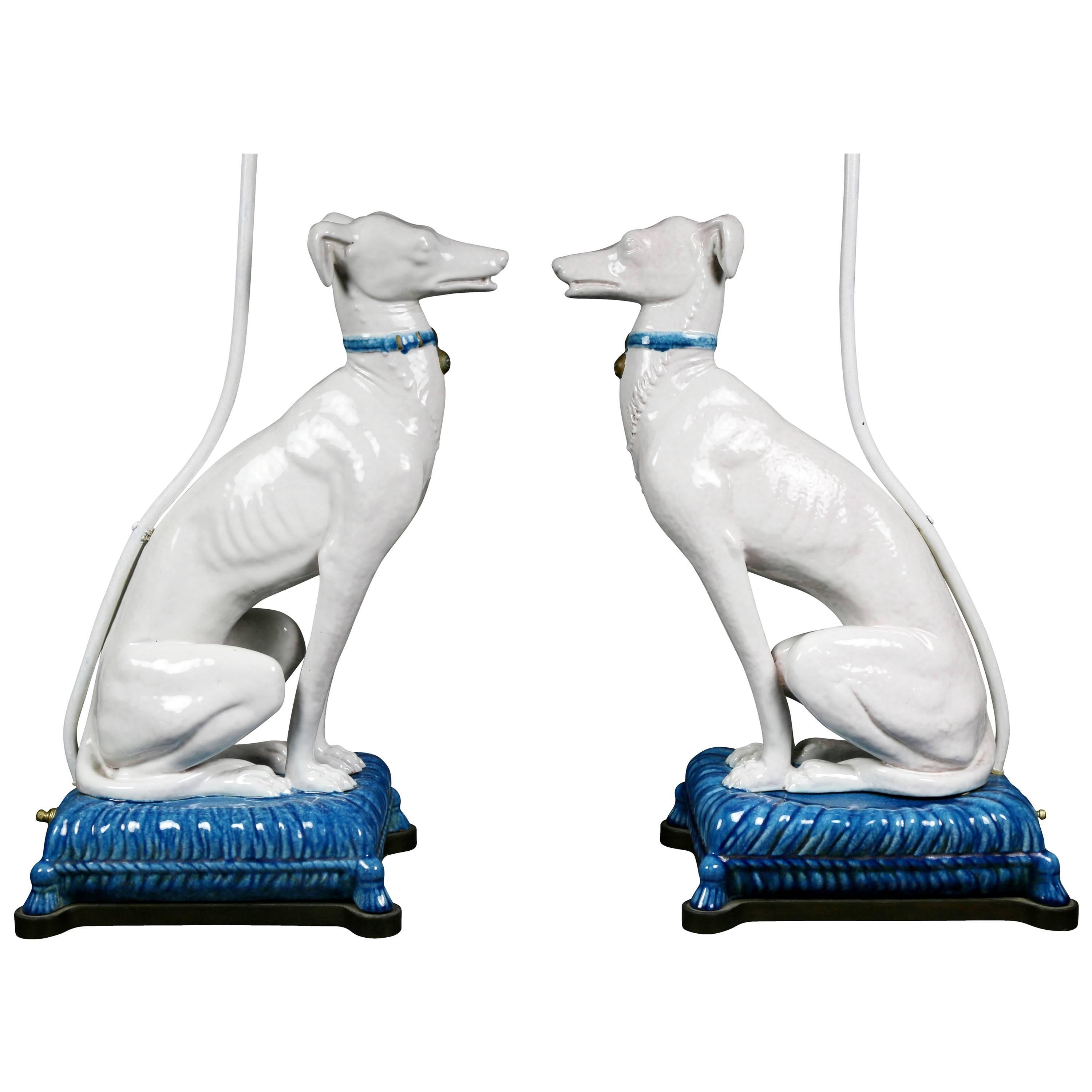 Pair of Pottery Figures of Seated Whippets Mounted as Lamps