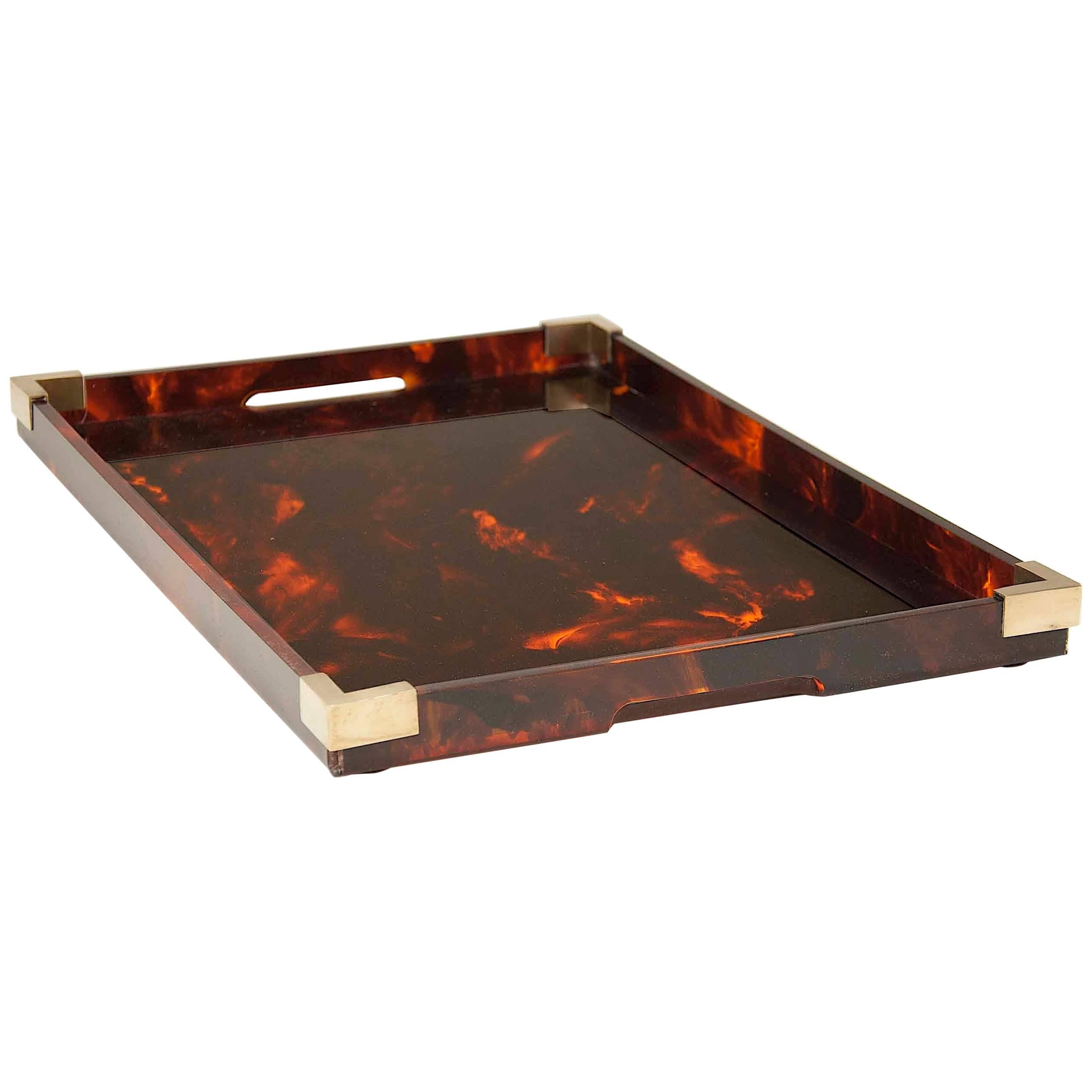 Serving Tray Tortoise Lucite and Brass Attributed to Dior Home Collection