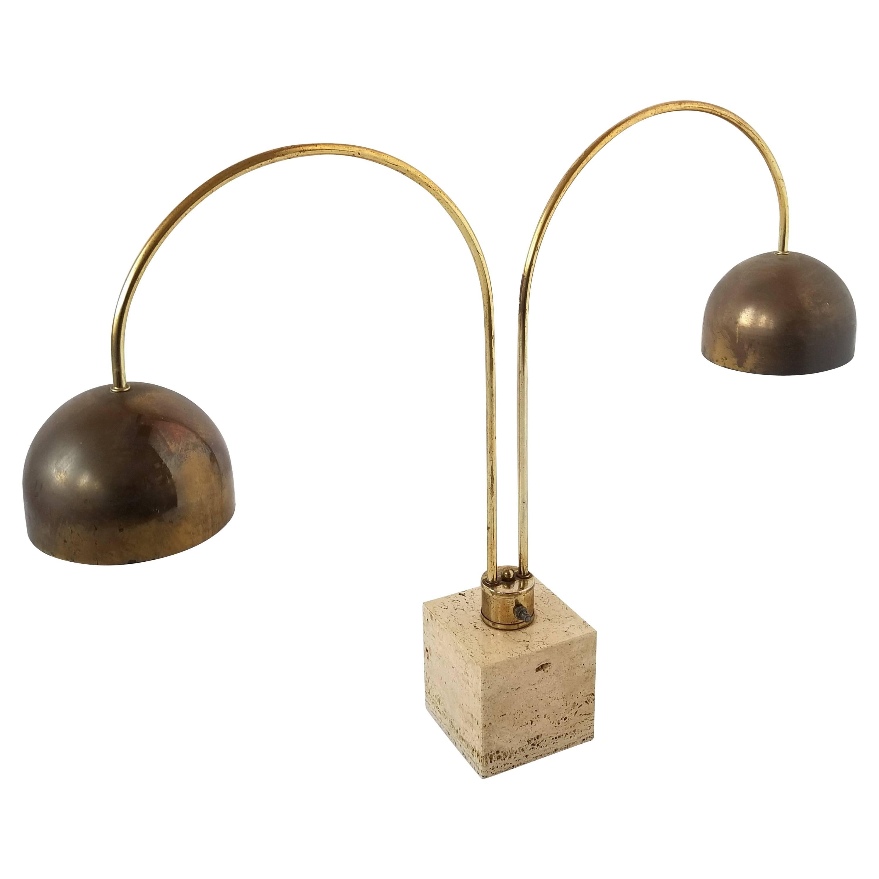 1970s Harvey Guzzini Travertine and Brass Plated Arc Table Lamp, Italia