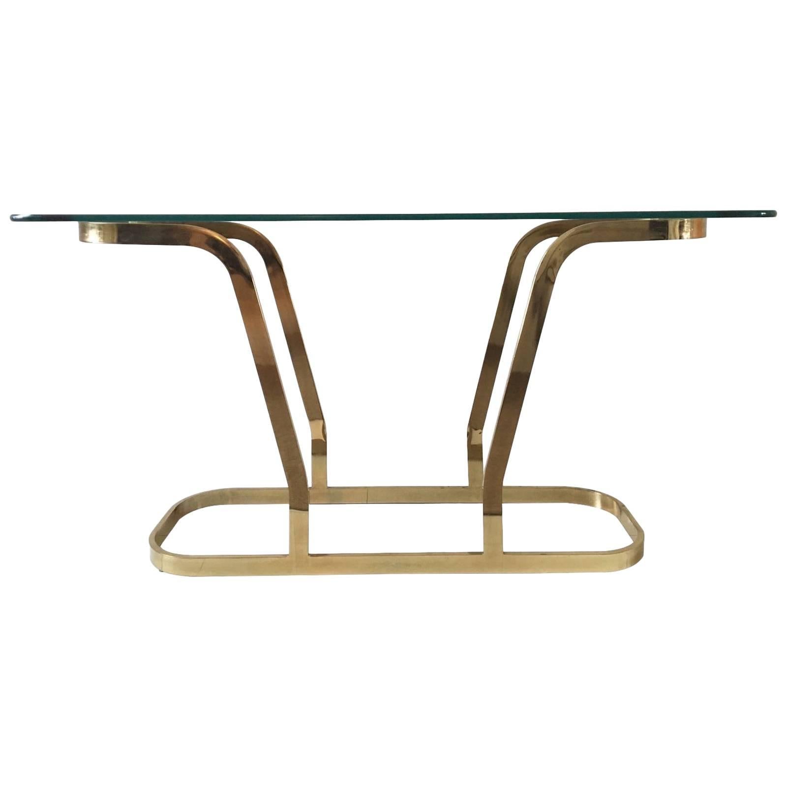 Hollywood Regency Brass and Glass Oval Modern Console or Entry Table, 1970s