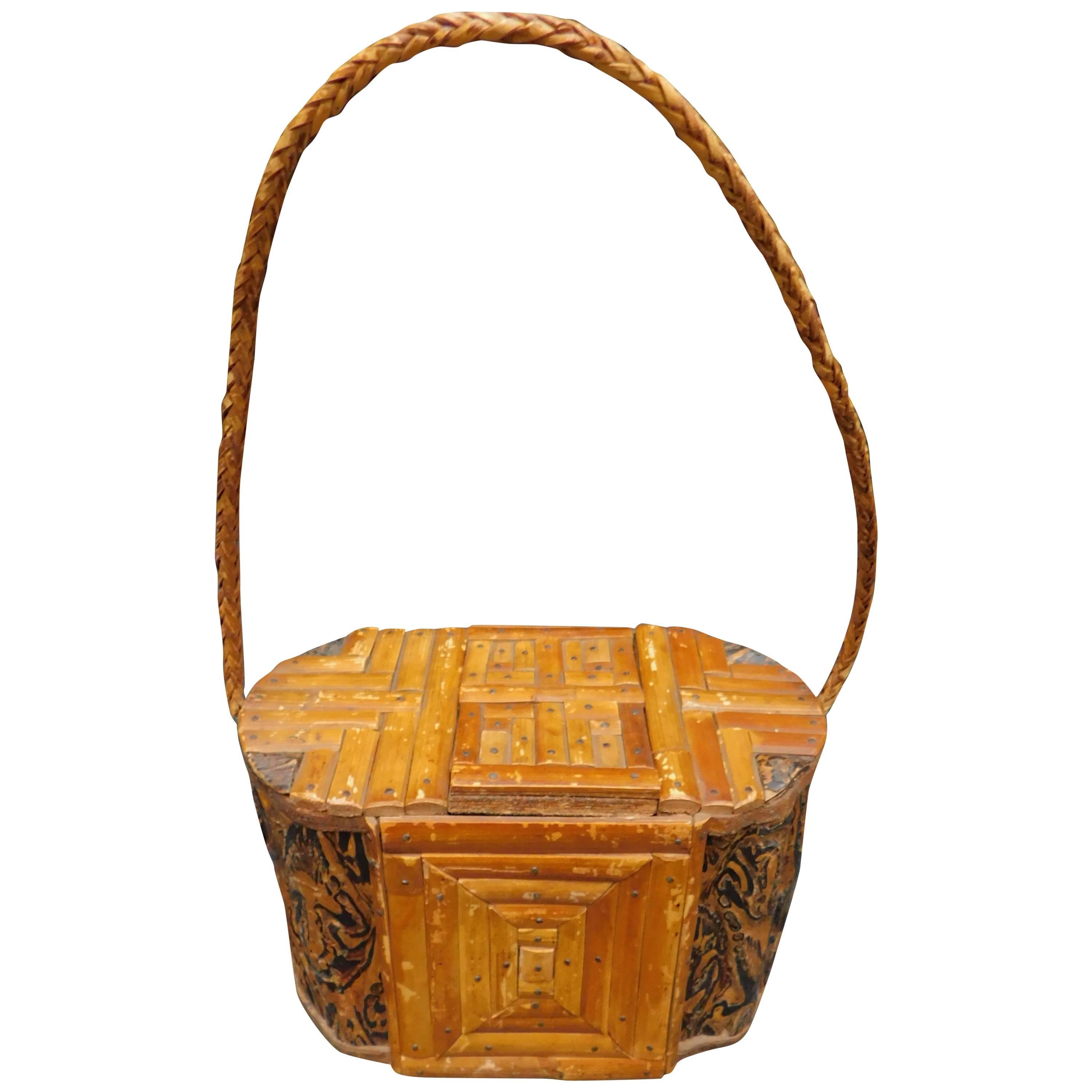 Vintage African Figured Wood Box with Woven Rattan Handle For Sale