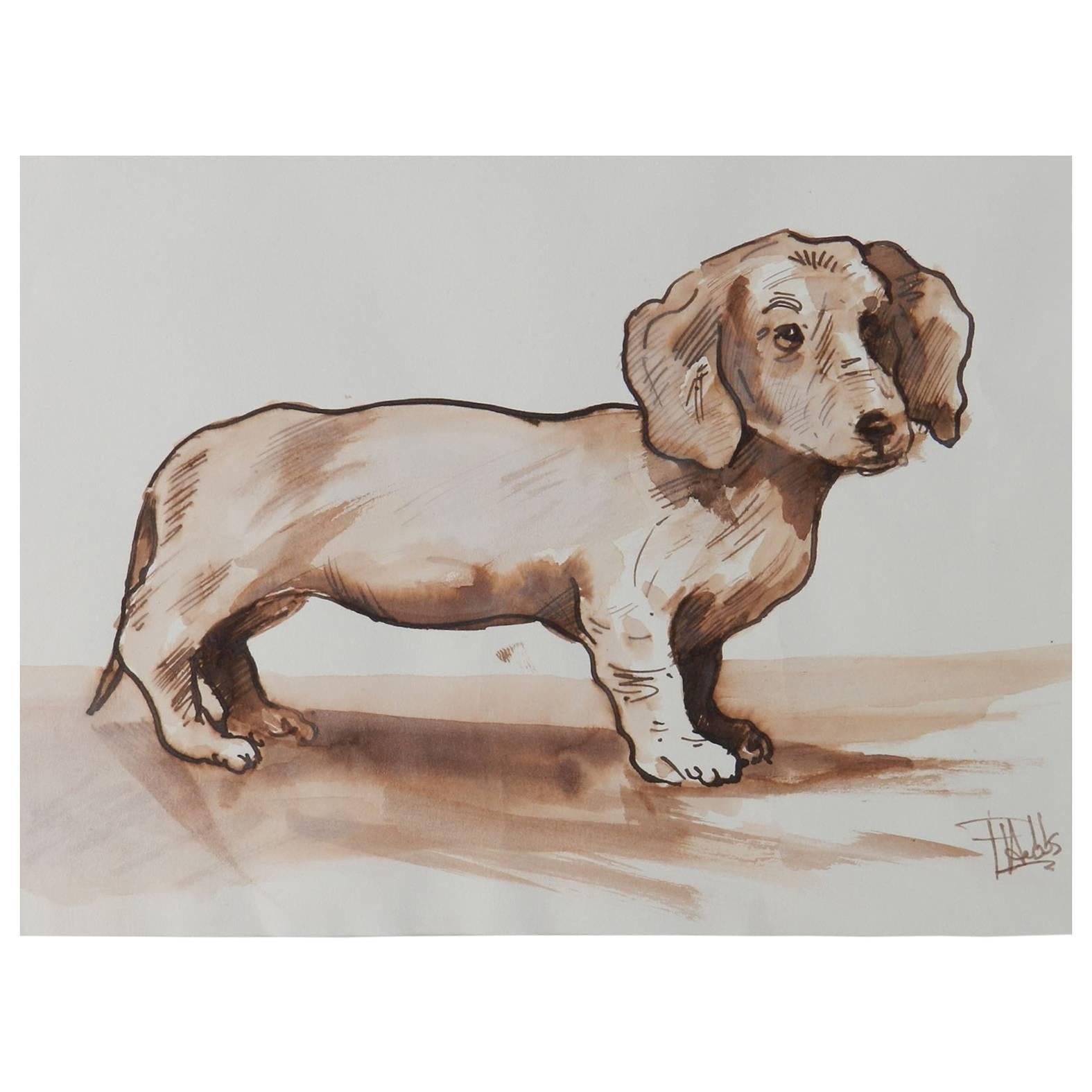 Original Dog Painting Daschund by Peter Hobbs, 1930-1994 Sepia tone Watercolor