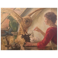 Unusual Painting of a Woman Taxidermist with owl and Parrots