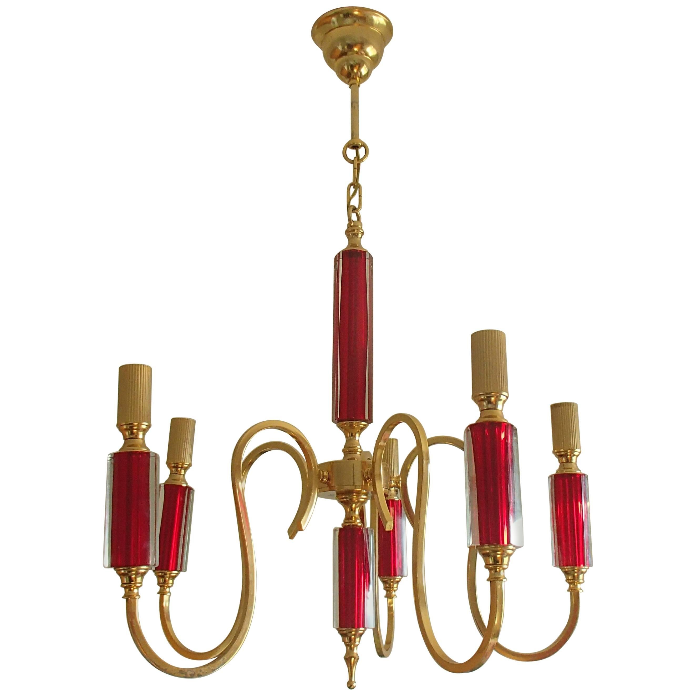 Midcentury Five Arms Chandelier Vibrant Red Bohemian Glass and Brass-Plated For Sale