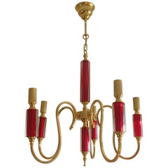Midcentury Five Arms Chandelier Vibrant Red Bohemian Glass and Brass-Plated