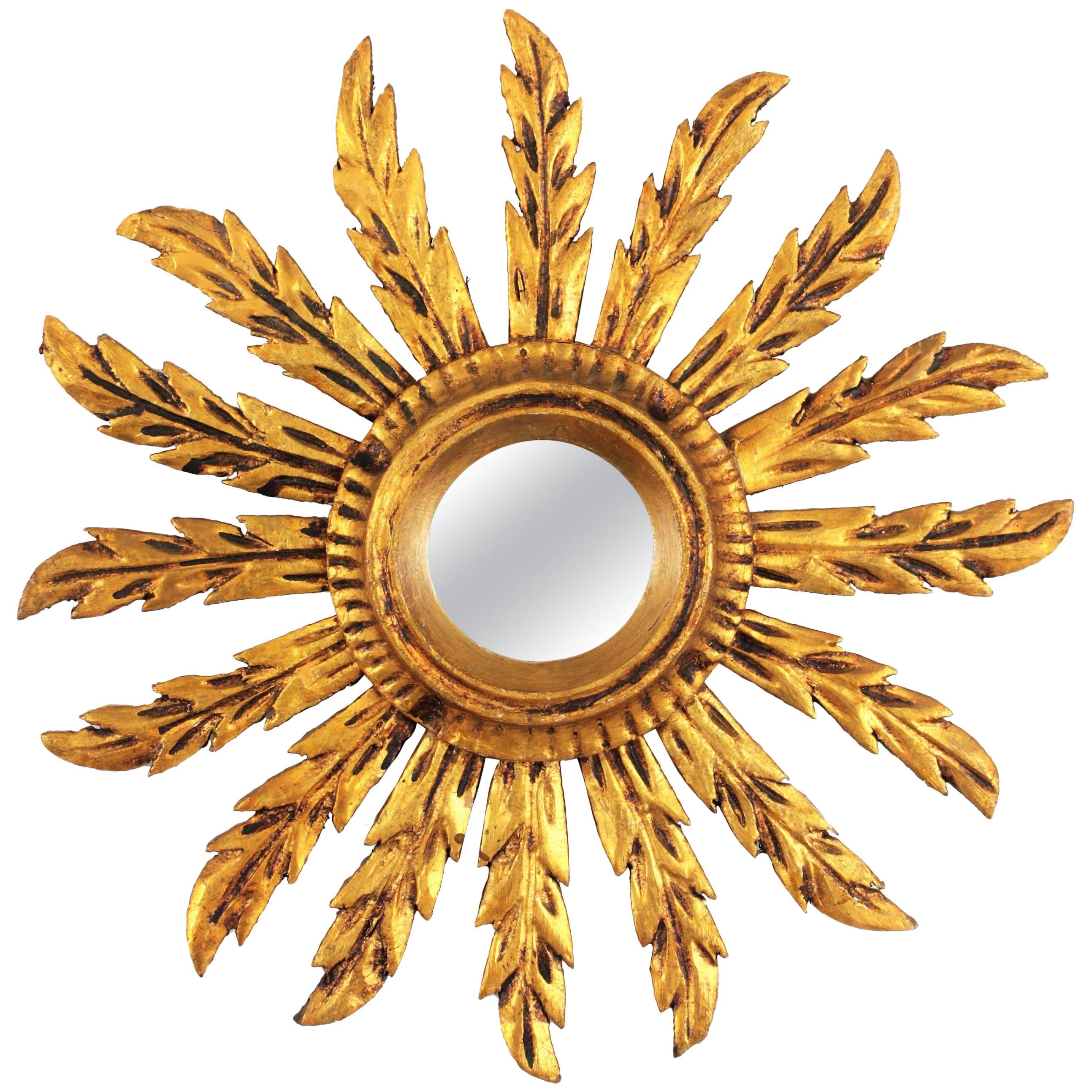 Baroque Giltwood Carved Small Sunburst Mirror, Spain, 1920s