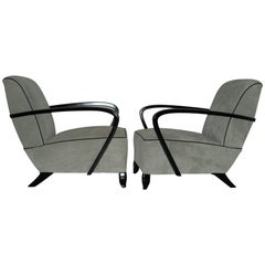 Art Deco Pair of Grey Nubuk Chairs with Black Handles