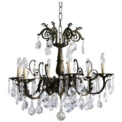 1920s French Heavy Cast Brass Chandelier Dressed in Crystal Drops