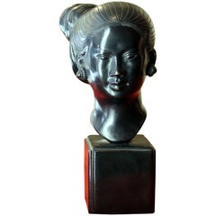 Asian Early 20th Century Burnished Bronze Woman Head on Ebonized Wood Base