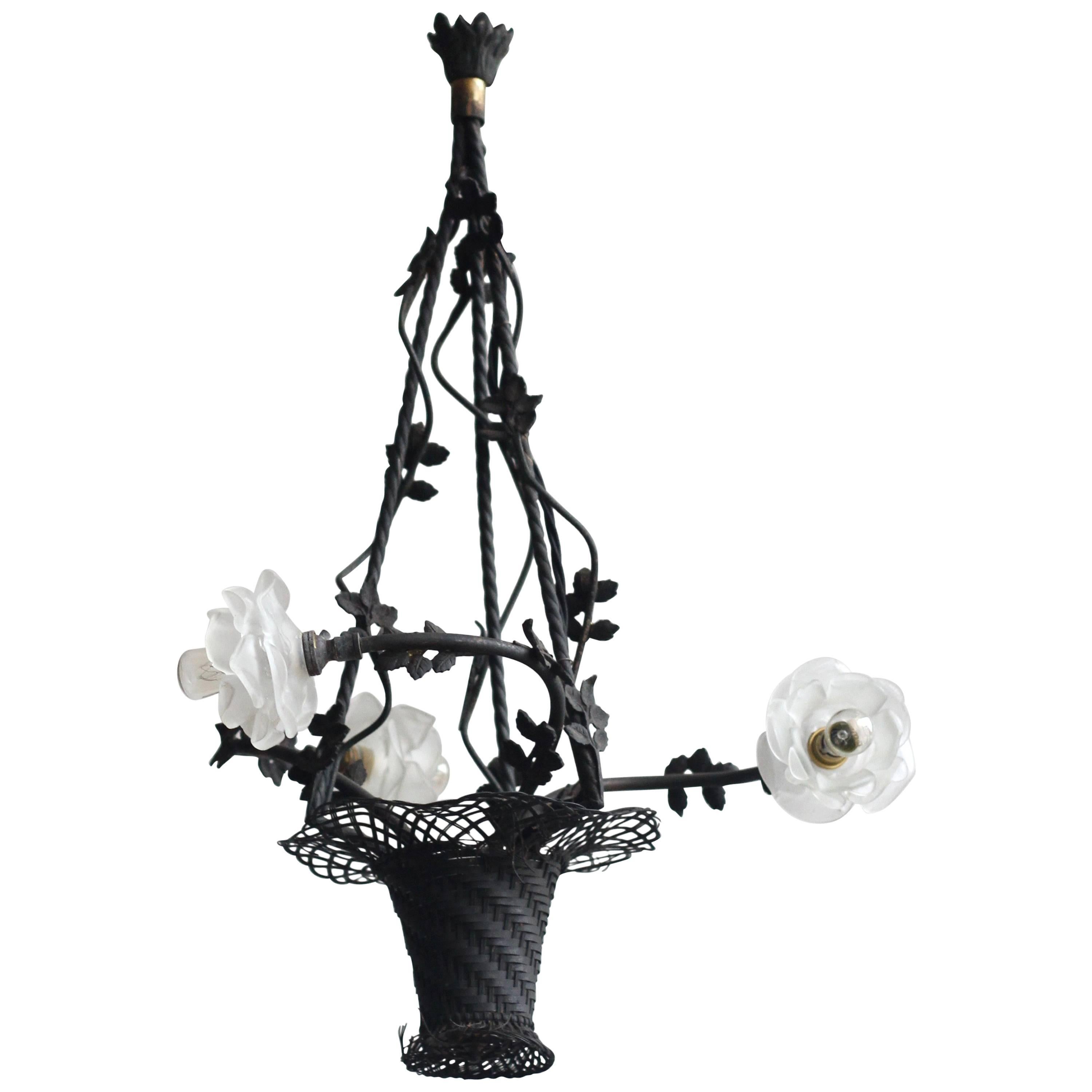 French Early 1900s Handmade Wrought Iron Floral Basket Chandelier For Sale