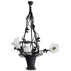 Antique French Early 1900s Handmade Wrought Iron Floral Basket Chandelier