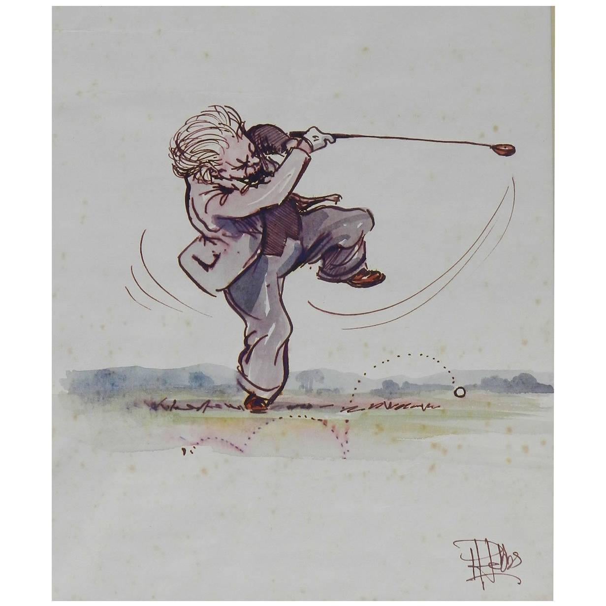 Original Painting Caricature of a Golfer by Peter Hobbs Golf Elderly Gentleman