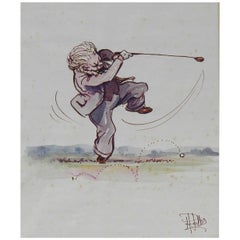 Original Painting Caricature of a Golfer by Peter Hobbs Golf Elderly Gentleman