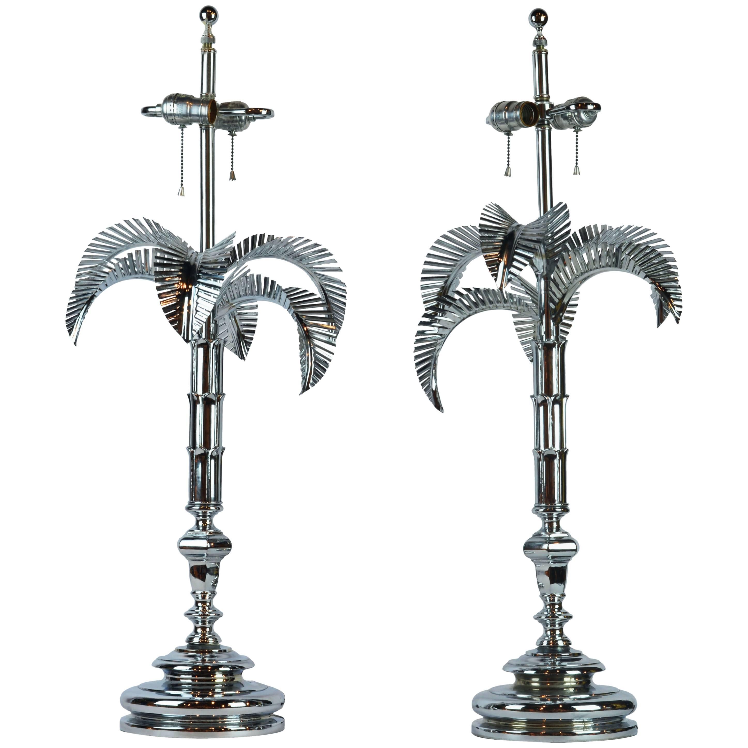 Pair of Vintage Hollywood Regency Norman Perry Chromed Palm Frond Table Lamps