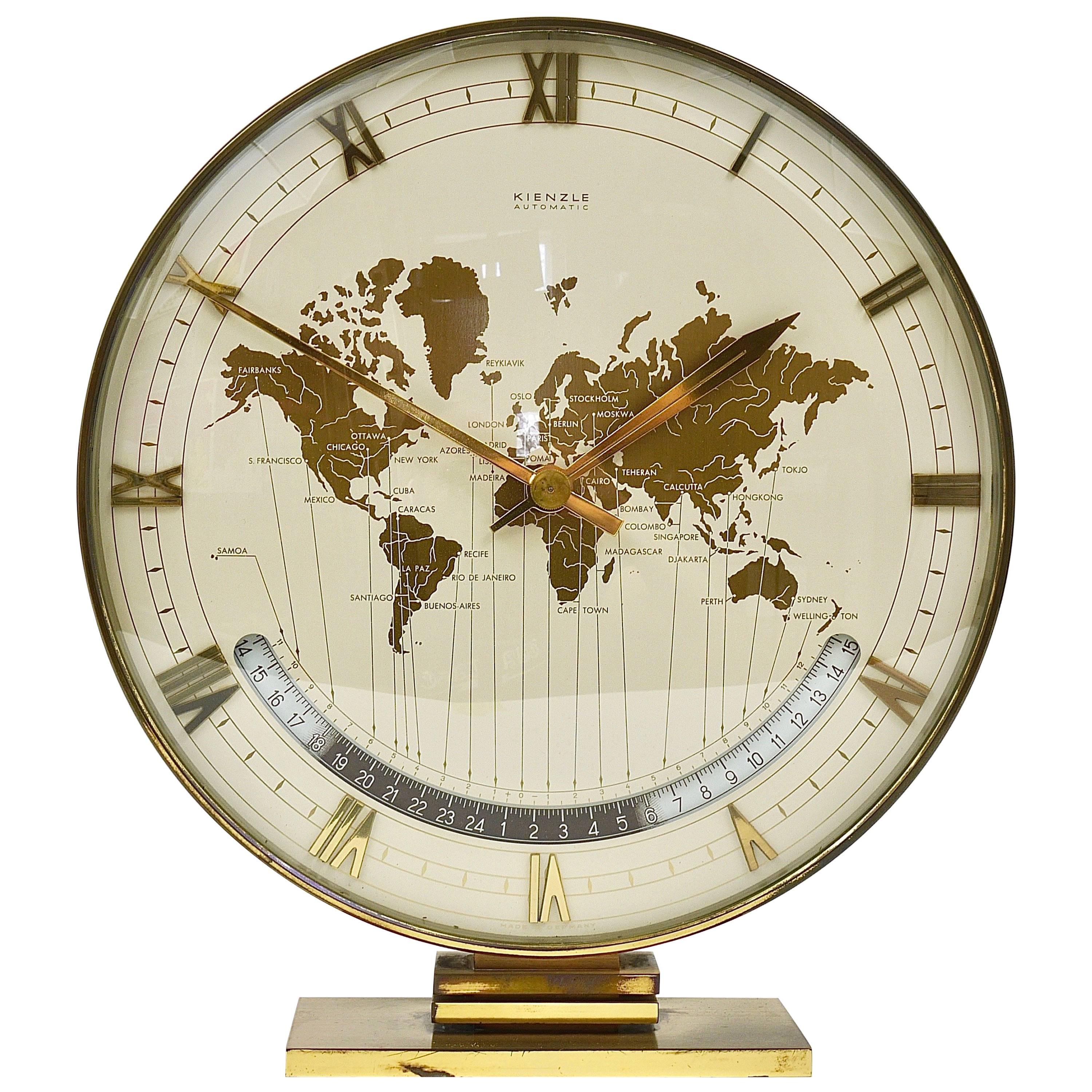 Large Midcentury Kienzle GMT World Time Zone Brass Table Clock, Germany, 1950s