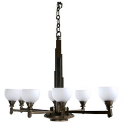 1930s Art Deco Empire State Building Chandelier with Frosted Glass Shades