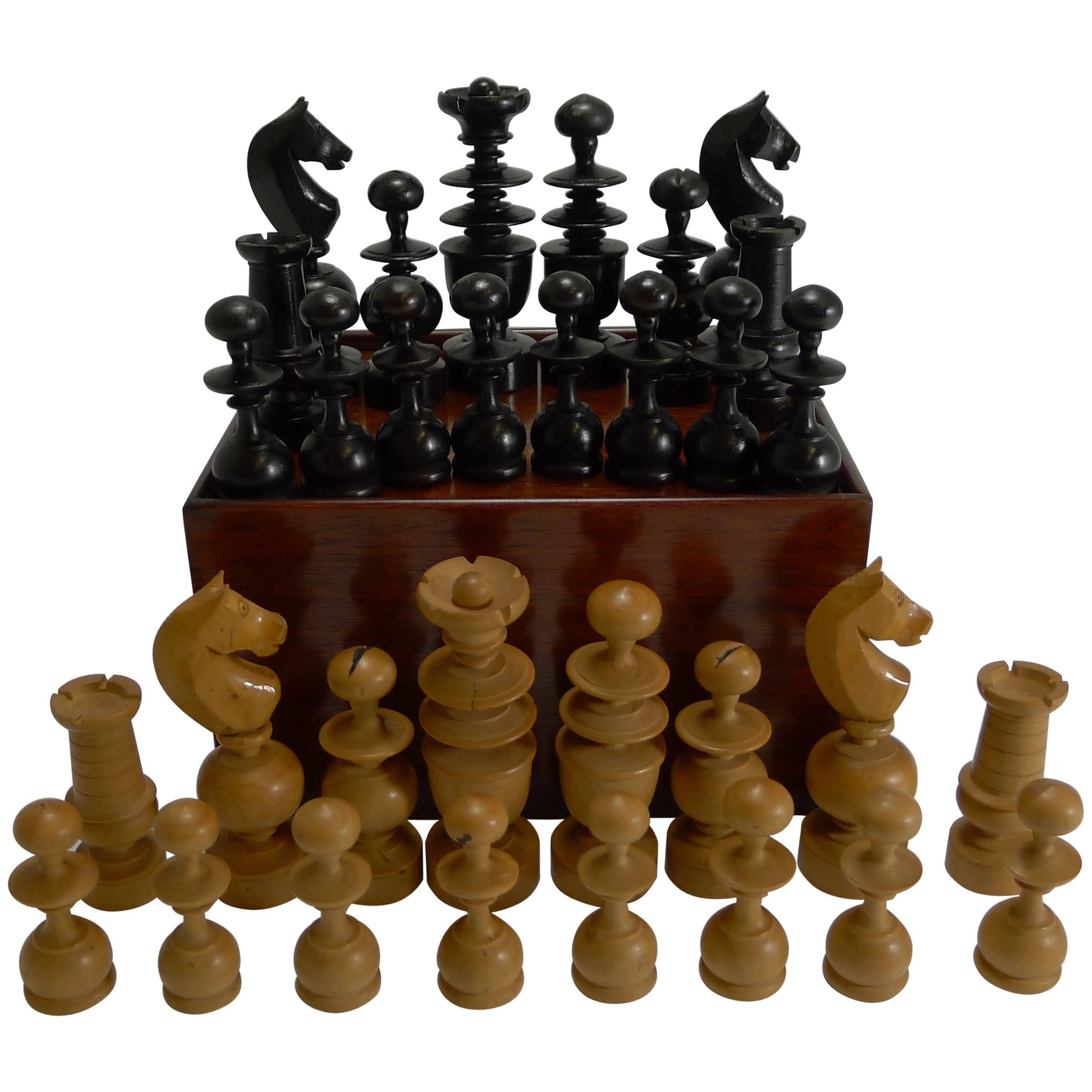 Large Antique English Regency Style Chess Set in Wooden Case, circa 1900