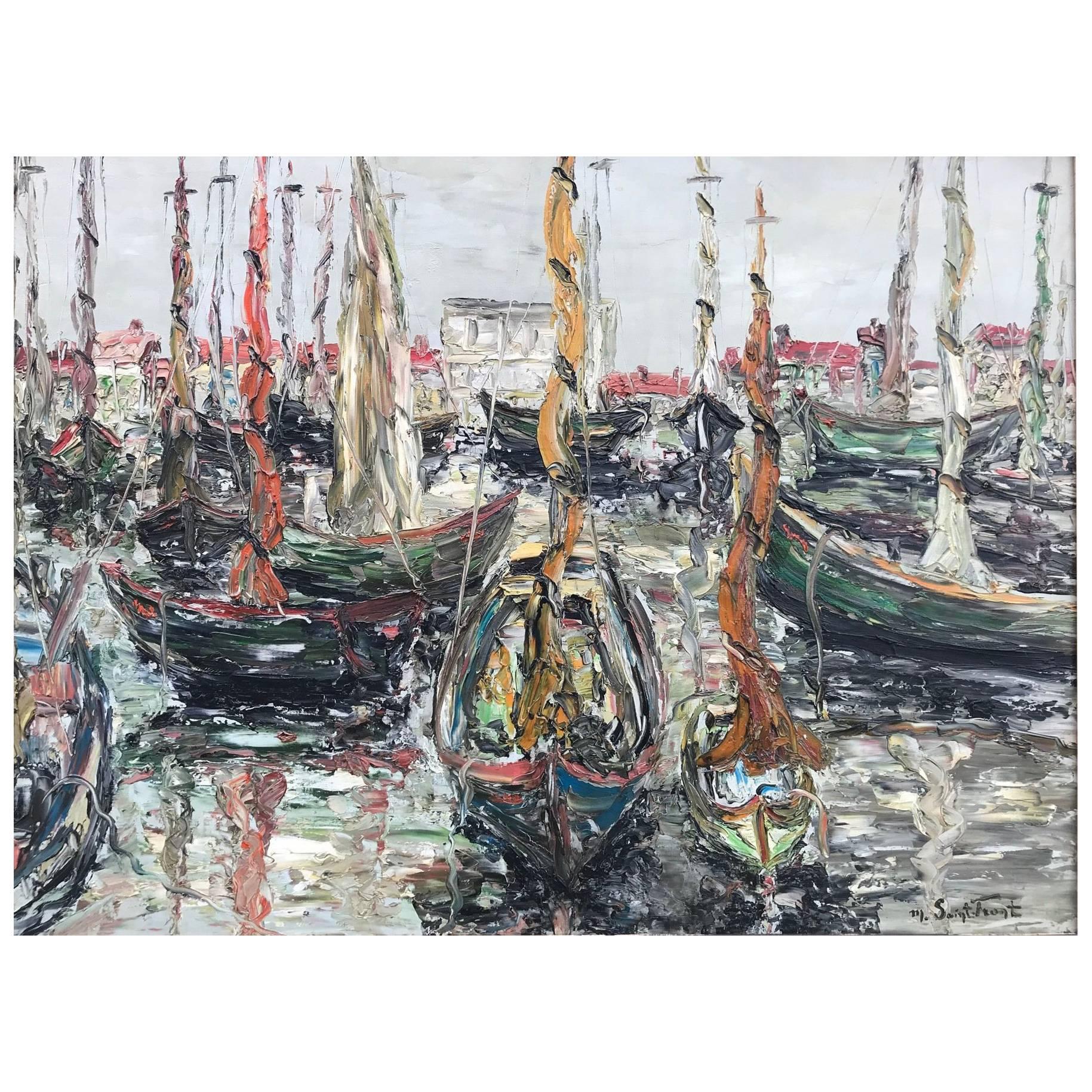 Yves de Saint Front 20th Century Oil on Canvas Port of Marseille For Sale