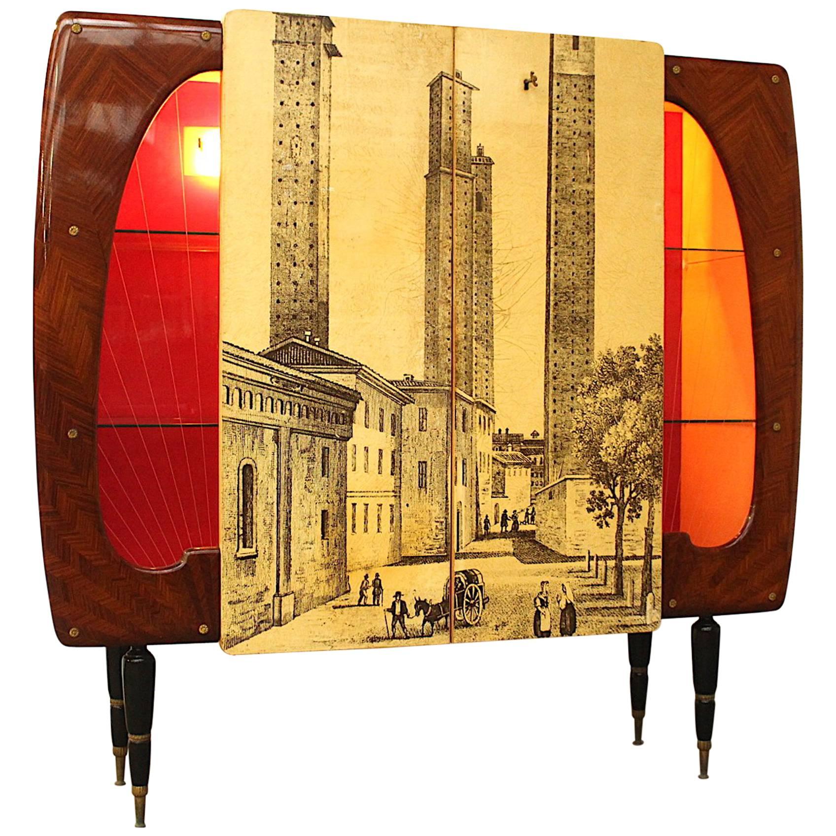 Piero Fornasetti Style High Cupboard Featuring the Medieval Twin Towers For Sale