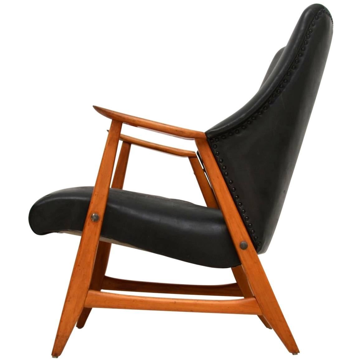 1960s Danish Vintage Leather and Teak Armchair