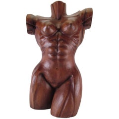 Hand-Carved Wood Sculpture of a Toned Female Torso Signed Lydon, Dated 1982