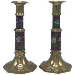 1960s Red Cloisonné Brass Candlesticks with Floral Motif, Pair