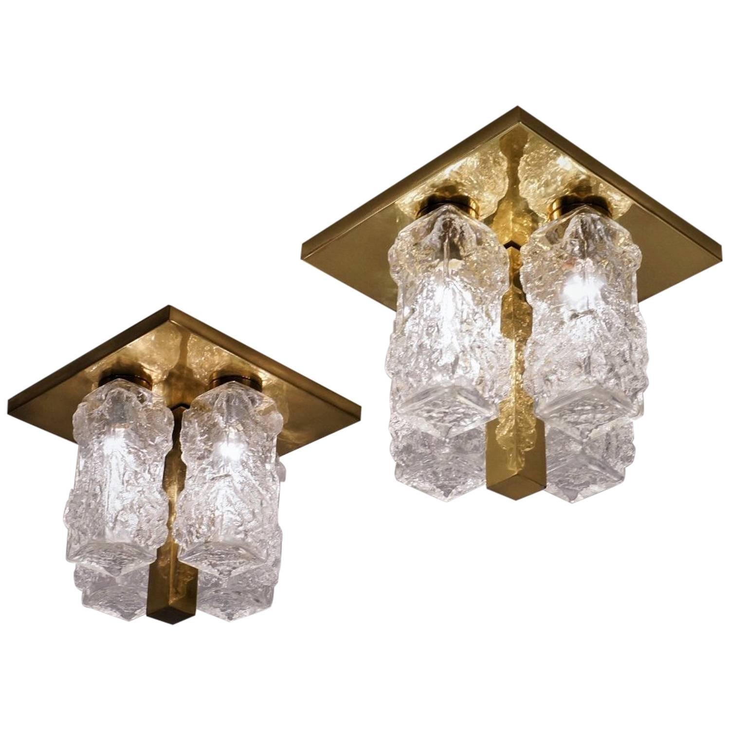 Hillebrand Lighting Pair Flush Lights Brutalist Glass and Brass, circa 1970s