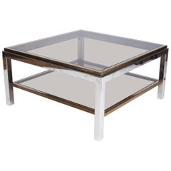 Willy Rizzo Chrome, Brass and Smoked Glass Coffee Table Midcentury Design Italy Willy Rizzo Chrome, Brass and Smoked Glass Coffee Table Midcentury Design Italy