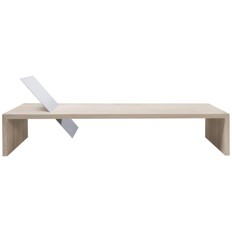 Contemporary Minimal Bleached Oak Daybed Bench Mirror Polish St. Steel Backrest In New Condition For Sale In Chicago, IL