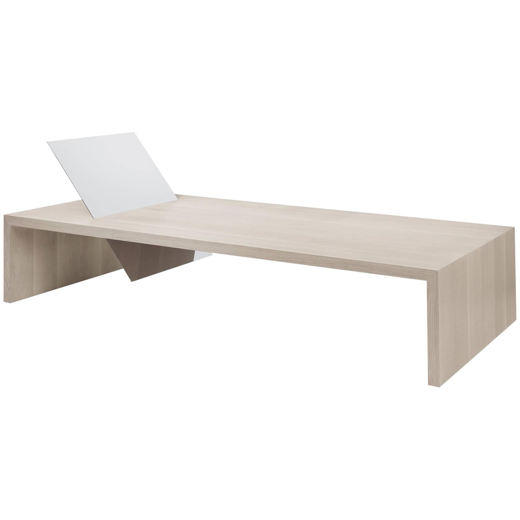 Contemporary Minimal Bleached Oak Daybed Bench Mirror Polish St. Steel Backrest For Sale