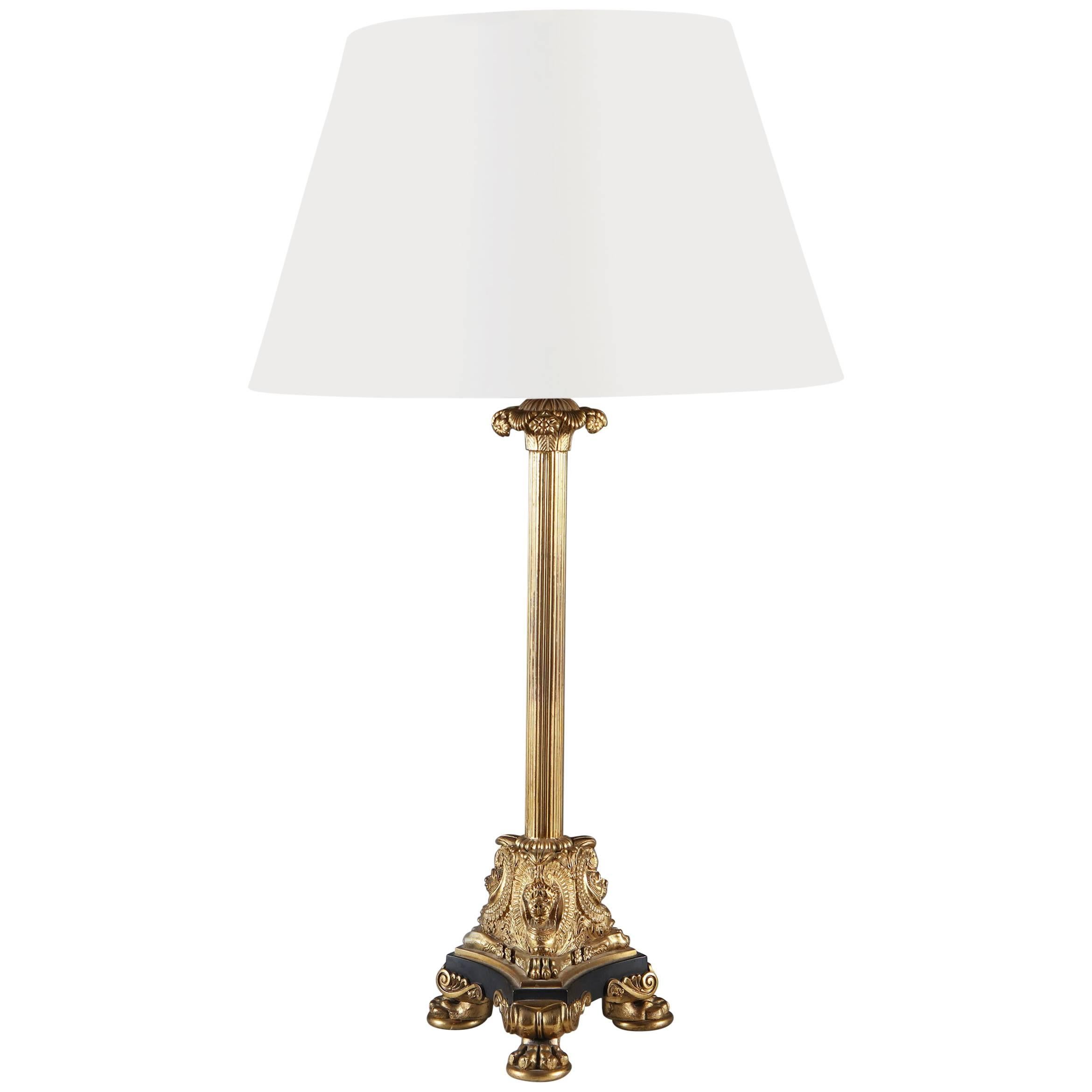 A Late 19th Century English Brass Column Lamp with Tripod Base For Sale