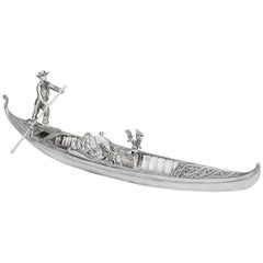 Antique Silvered Bronze Model of a Gondola with Gondolier 19th Century