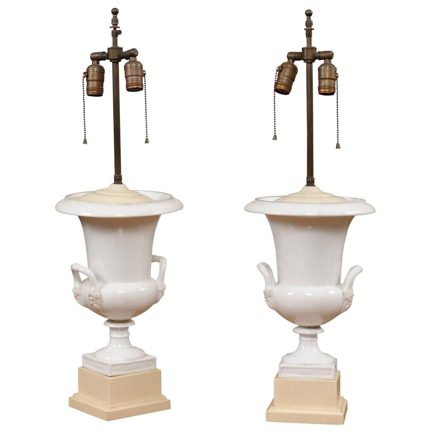 Pair of Neoclassical Style White Porcelain Urns, Wired as Lamps, 19th Century